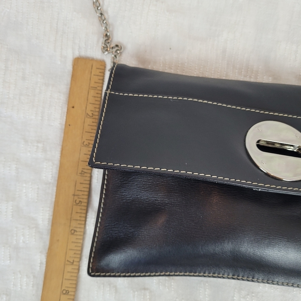 ili New York small black leather envelope clutch silver clasp chain strap edgy - Picture 3 of 9